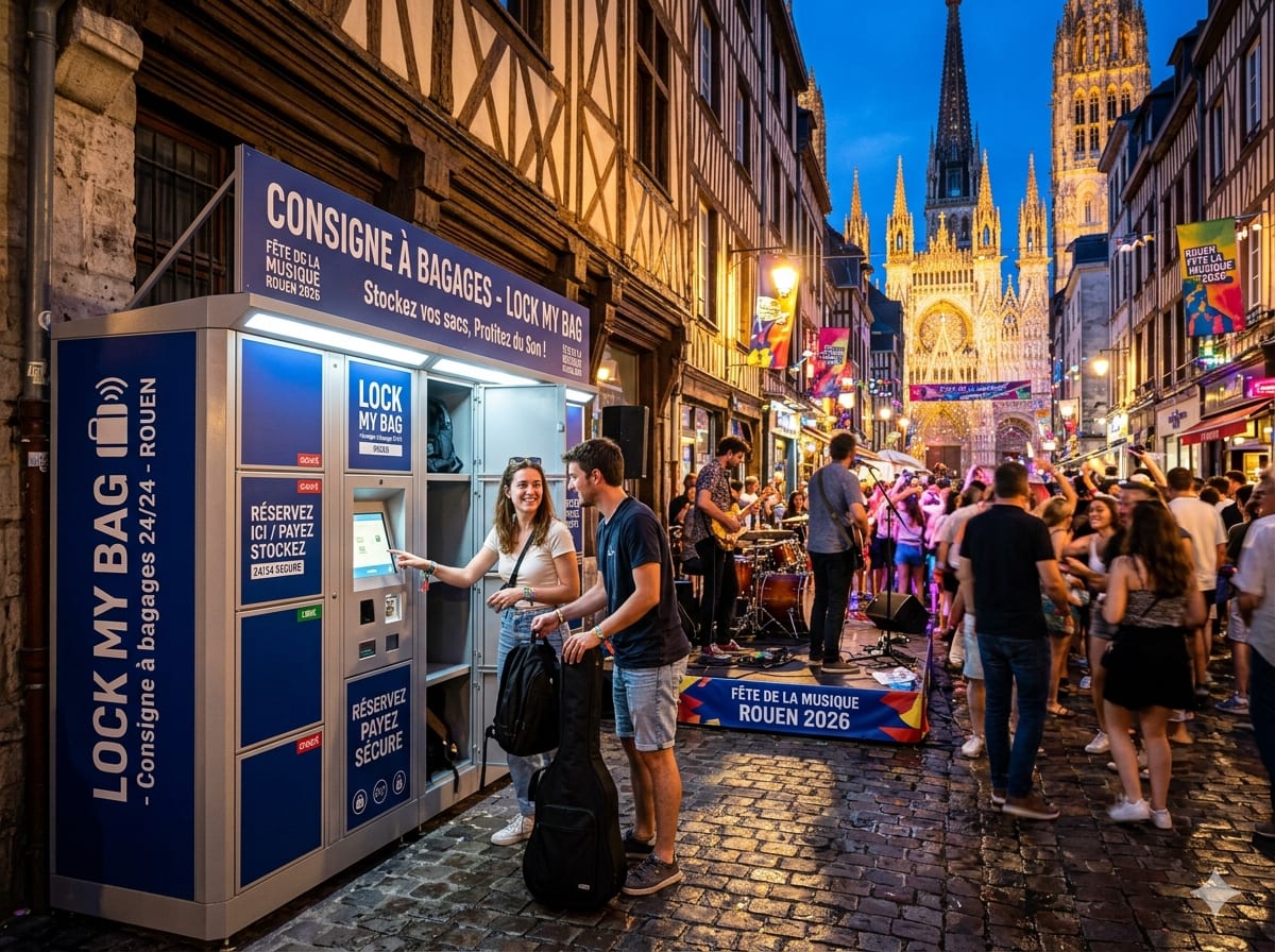 Lock My Bag locker in Rouen during the Fête de la Musique evening, with Notre-Dame Cathedral in the background